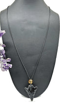 Load image into Gallery viewer, Black Obsidian &amp; Amber Necklace, Adjustable Black Cord, Arrowhead Design