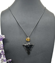 Load image into Gallery viewer, Black Obsidian &amp; Amber Necklace, Adjustable Black Cord, Arrowhead Design