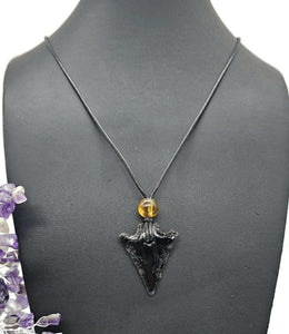 Black Obsidian & Amber Necklace, Adjustable Black Cord, Arrowhead Design