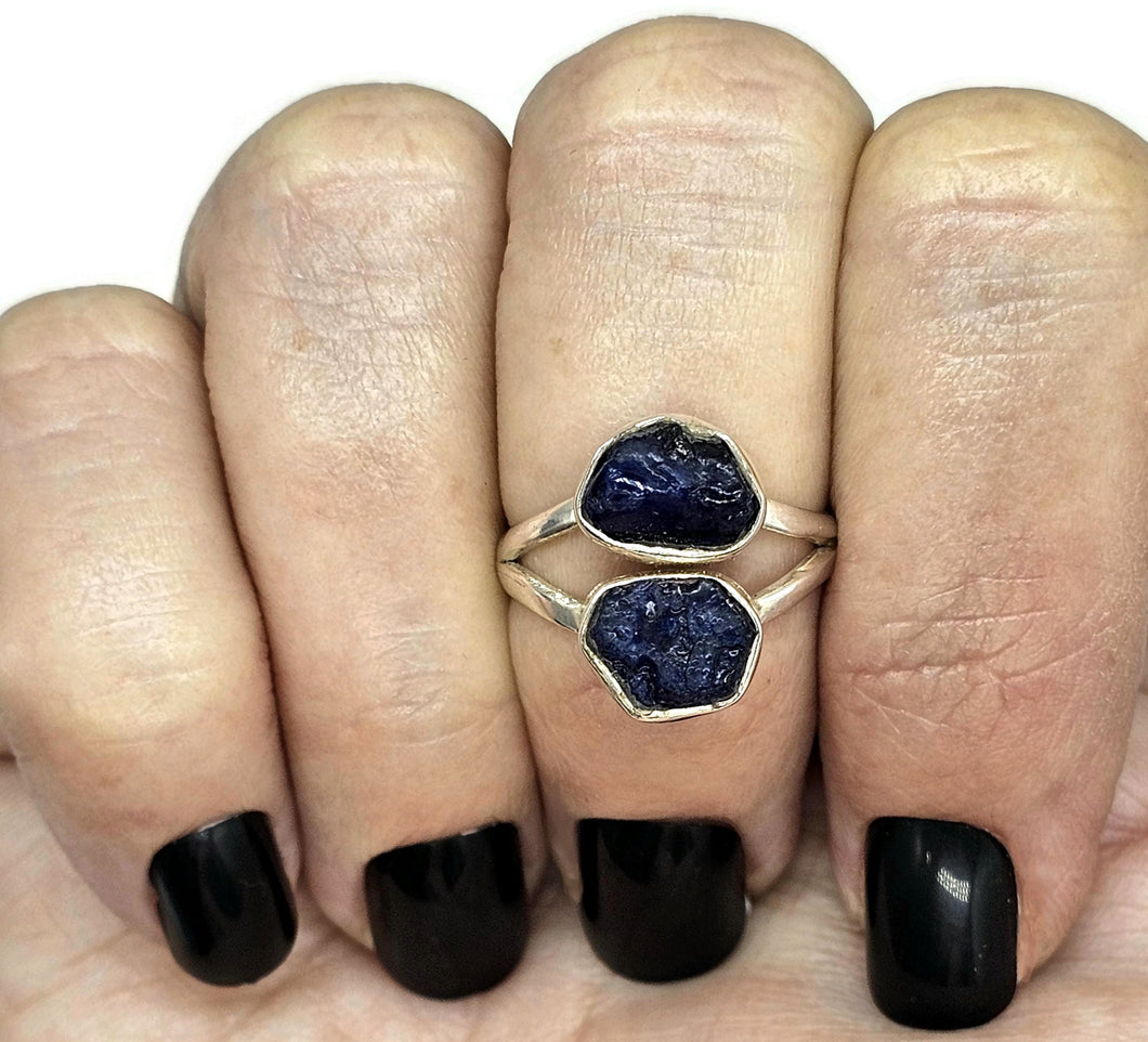 Raw Blue Sapphire Ring, September Birthstone, Size O/7, Sterling Silver, Rough Gemstones