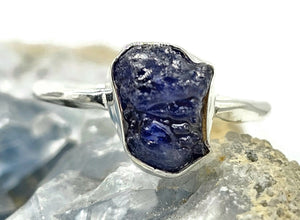 Rough Sapphire Ring, Size S, September Birthstone, Sterling Silver, Raw Blue Sapphire