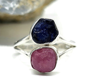 Raw Ruby & Raw Sapphire Ring, Size S, July / September Birthstones, Sterling Silver