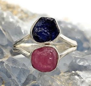 Raw Ruby & Raw Sapphire Ring, Size S, July / September Birthstones, Sterling Silver