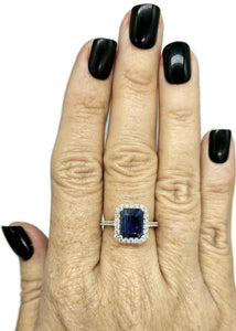 Rectangle Sapphire & White Zircon Halo Ring, September Birthstone, Size Q, Sterling Silver