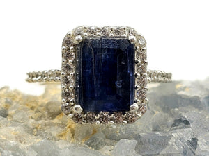 Rectangle Sapphire & White Zircon Halo Ring, September Birthstone, Size Q, Sterling Silver