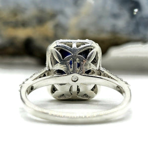 Rectangle Sapphire & White Zircon Halo Ring, September Birthstone, Size Q, Sterling Silver