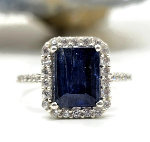 Rectangle Sapphire & White Zircon Halo Ring, September Birthstone, Size Q, Sterling Silver