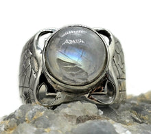 Load image into Gallery viewer, Statement Moonstone Ring, Size N, Sterling Silver, Round Cabochon, Psychic Protection