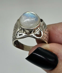 Statement Moonstone Ring, Size N, Sterling Silver, Round Cabochon, Psychic Protection