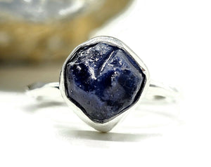 Raw Blue Sapphire Ring, Size P 1/2, September Birthstone, Sterling Silver, Rough Sapphire