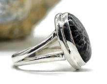 Load image into Gallery viewer, Stingray Coral Ring, Size M, Oval Shaped, Sterling Silver, Black and White Coral, Fossilized