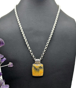 Bumblebee Pendant, Eclipse Jasper, Sterling Silver, Square Shaped, Yellow Orange Black