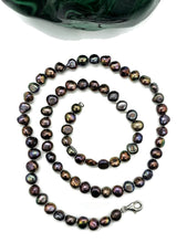 Load image into Gallery viewer, Black Peacock Baroque Pearl Necklace in a natural Purple Green Colour, Sterling Silver