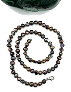 Black Peacock Baroque Pearl Necklace in a natural Purple Green Colour, Sterling Silver