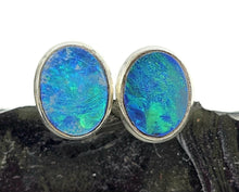 Load image into Gallery viewer, Australian Opal Studs, Sterling Silver, Blue &amp; Green Opal, Doublets, Lucky Gemstone