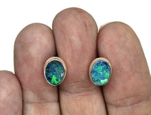 Load image into Gallery viewer, Australian Opal Studs, Sterling Silver, Blue &amp; Green Opal, Doublets, Lucky Gemstone