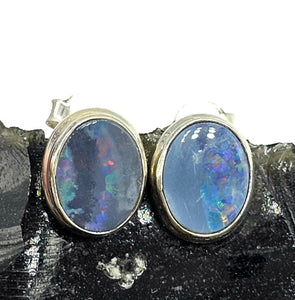 Opal Doublet Studs, Australian Gemstone, Sterling Silver, Blue, Green, Pink, Purple & Gold