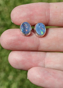 Opal Doublet Studs, Australian Gemstone, Sterling Silver, Blue, Green, Pink, Purple & Gold