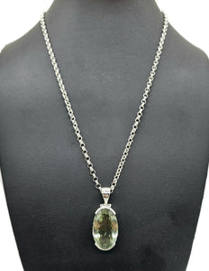 AAA Oval Green Amethyst Pendant, 30 carats, Sterling Silver, Faceted Prasiolite Gemstone