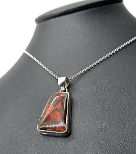 Red Orange Ammolite Pendant, Sterling Silver, Rectangle Shaped, Opal like Gemstone