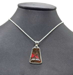 Red Orange Ammolite Pendant, Sterling Silver, Rectangle Shaped, Opal like Gemstone