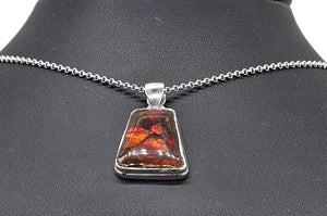 Red Orange Ammolite Pendant, Sterling Silver, Rectangle Shaped, Opal like Gemstone