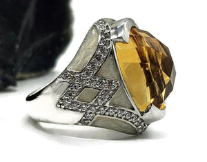 Citrine, White Zircon & Enamel Ring, Size 7, Sterling Silver, November Birthstone