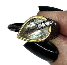 Load image into Gallery viewer, Black &amp; Gold, Green Amethyst Ring, Size R, Sterling Silver, Prasiolite Ring, Two tone