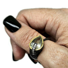 Load image into Gallery viewer, Black &amp; Gold, Green Amethyst Ring, Size R, Sterling Silver, Prasiolite Ring, Two tone