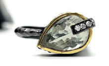 Load image into Gallery viewer, Black &amp; Gold, Green Amethyst Ring, Size R, Sterling Silver, Prasiolite Ring, Two tone