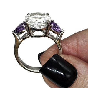 Quartz Crystal & Amethyst Ring, size R 1/2, Trilogy Ring, Sterling Silver, Round and Pear