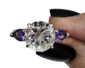 Quartz Crystal & Amethyst Ring, size R 1/2, Trilogy Ring, Sterling Silver, Round and Pear