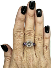 Load image into Gallery viewer, Quartz Crystal &amp; Amethyst Ring, size R 1/2, Trilogy Ring, Sterling Silver, Round and Pear