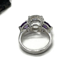 Load image into Gallery viewer, Quartz Crystal &amp; Amethyst Ring, size R 1/2, Trilogy Ring, Sterling Silver, Round and Pear