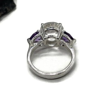 Quartz Crystal & Amethyst Ring, size R 1/2, Trilogy Ring, Sterling Silver, Round and Pear