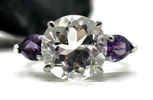 Load image into Gallery viewer, Quartz Crystal &amp; Amethyst Ring, size R 1/2, Trilogy Ring, Sterling Silver, Round and Pear