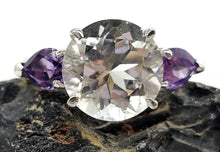 Load image into Gallery viewer, Quartz Crystal &amp; Amethyst Ring, size R 1/2, Trilogy Ring, Sterling Silver, Round and Pear