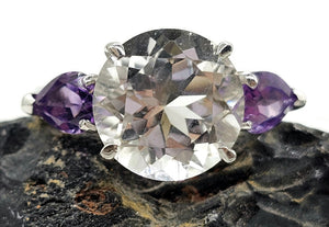 Quartz Crystal & Amethyst Ring, size R 1/2, Trilogy Ring, Sterling Silver, Round and Pear