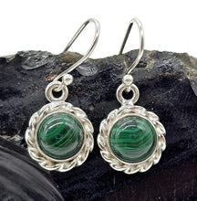 Load image into Gallery viewer, Malachite Earrings, Sterling Silver, Round Shape, Rich Green Gemstone, Visionary Stone