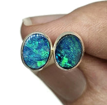 Load image into Gallery viewer, Australian Opal Studs, Sterling Silver, Blue &amp; Green Opal, Doublets, Lucky Gemstone