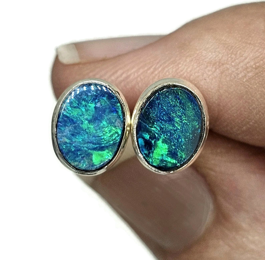 Australian Opal Studs, Sterling Silver, Blue & Green Opal, Doublets, Lucky Gemstone