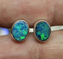 Load image into Gallery viewer, Australian Opal Studs, Sterling Silver, Blue &amp; Green Opal, Doublets, Lucky Gemstone