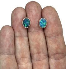 Load image into Gallery viewer, Australian Opal Studs, Sterling Silver, Blue &amp; Green Opal, Doublets, Lucky Gemstone