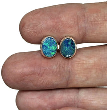 Load image into Gallery viewer, Australian Opal Studs, Sterling Silver, Blue &amp; Green Opal, Doublets, Lucky Gemstone