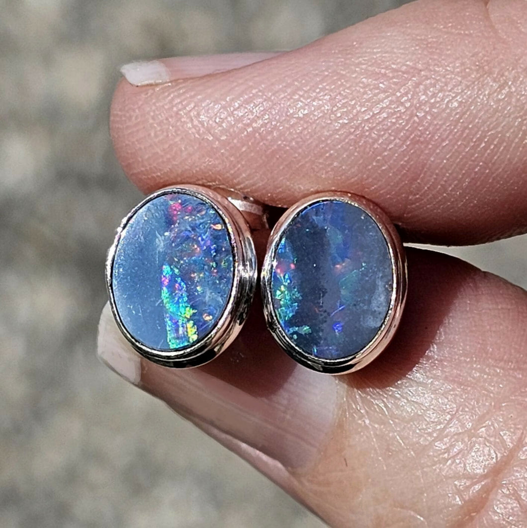 Opal Doublet Studs, Australian Gemstone, Sterling Silver, Blue, Green, Pink, Purple & Gold