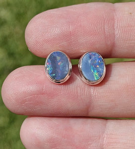 Opal Doublet Studs, Australian Gemstone, Sterling Silver, Blue, Green, Pink, Purple & Gold