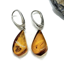 Load image into Gallery viewer, Baltic Amber Earrings, Pear Shaped, 50 million years old, Sterling Silver, Fossilized