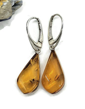 Load image into Gallery viewer, Baltic Amber Earrings, Pear Shaped, 50 million years old, Sterling Silver, Fossilized