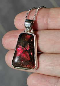 Red Orange Ammolite Pendant, Sterling Silver, Rectangle Shaped, Opal like Gemstone