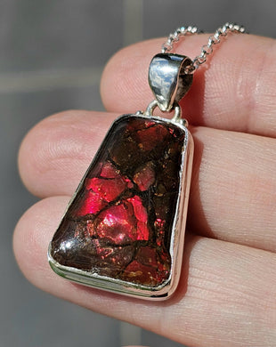 Red Orange Ammolite Pendant, Sterling Silver, Rectangle Shaped, Opal like Gemstone